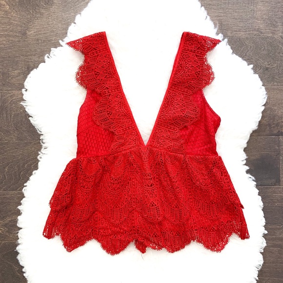 Topshop Tops - Topshop Red Crochet Deep Plunge V Neck Blouse